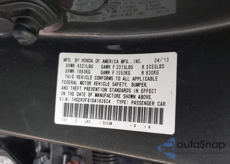 2013 Honda Accord Ex-L from USA, damaged, VIN 1HGCR2F81DA180604